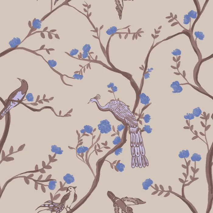 Blue Chinoiserie Birds and Blossoms Elegant Toile Inspired Repeating Pattern