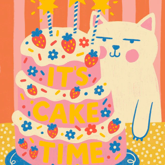 It's Cake Time - Cute Cat and Strawberry Cake