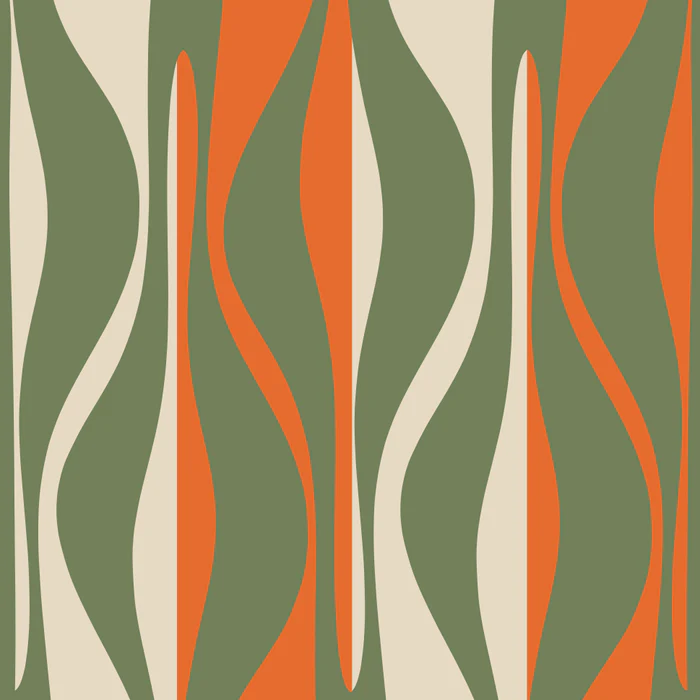 Mid Century Modern Retro Lounge Striped Ogee Pattern in Mossy Olive Green Orange Beige