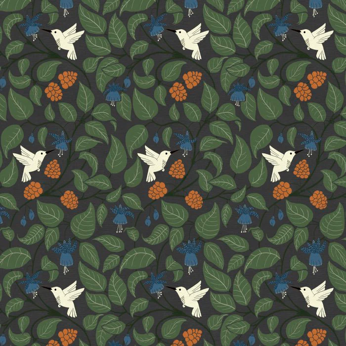 Botanic Retreat Lush and Calming Nature Pattern with Hummingbirds and Berries