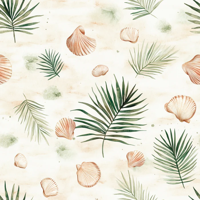 Watercolor Sea Shells and Palm Leaves All over