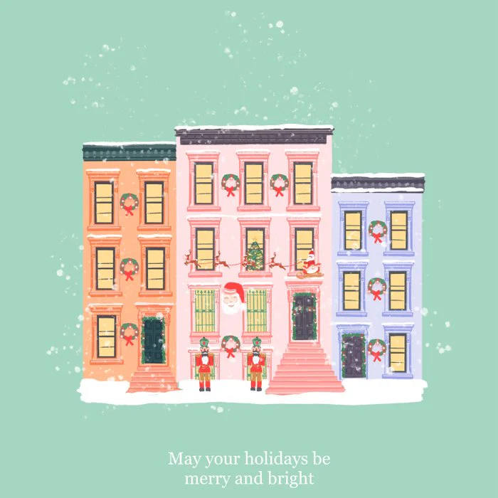 Brooklyn Brownstones at Christmas Festive Holiday New York Cityscape Art Print