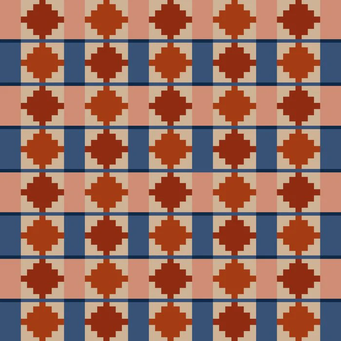 Retro Mid Mod Woven Basket Geometric Print in Terracotta and Light Blue