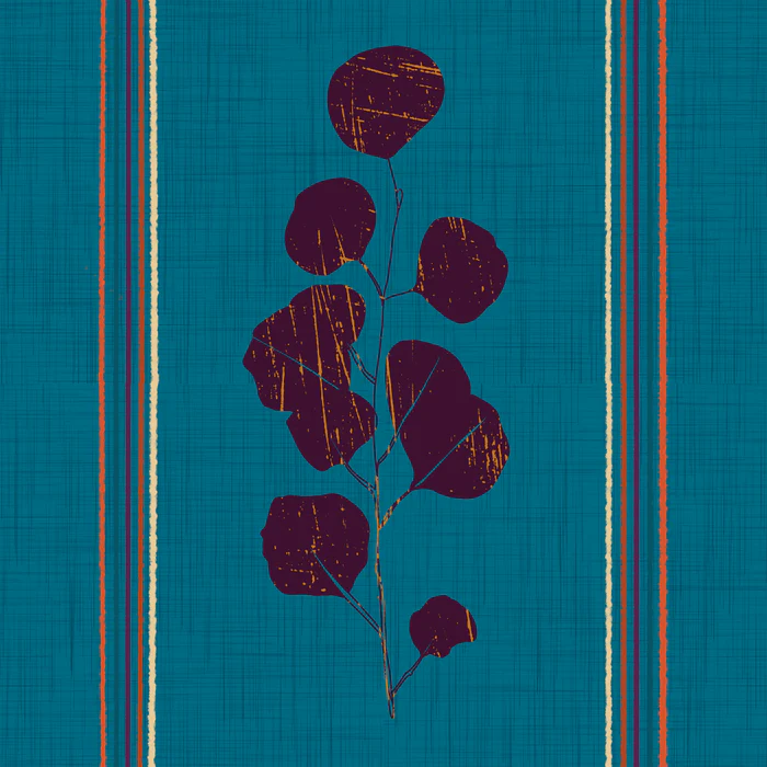 Boho Jewel Tone Botanical Stripe - Plum Leaves on Teal