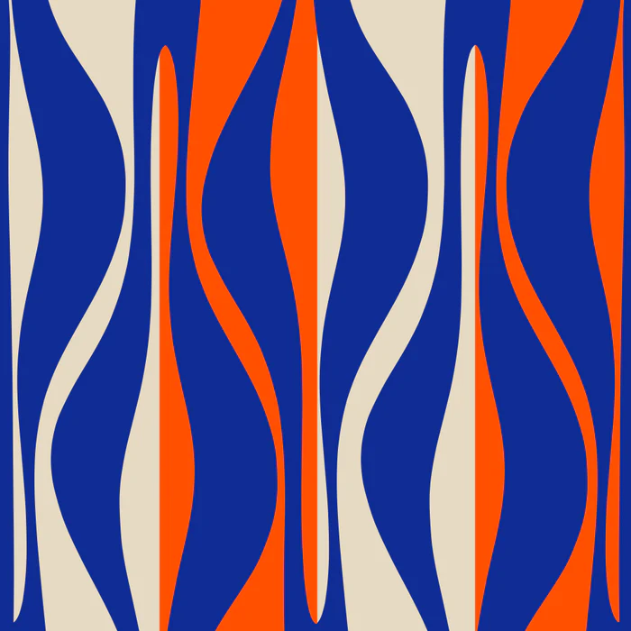 Mid Century Modern Retro Lounge Striped Ogee Pattern in Bright Blue, Orange, and Beige