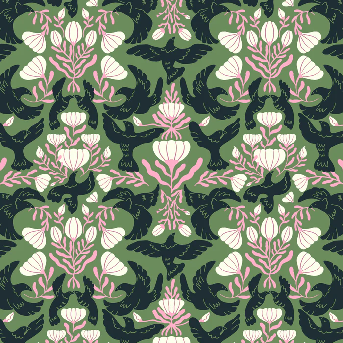 Parisian Blackbirds, Vintage Botanical Floral Pattern in Pink and Green