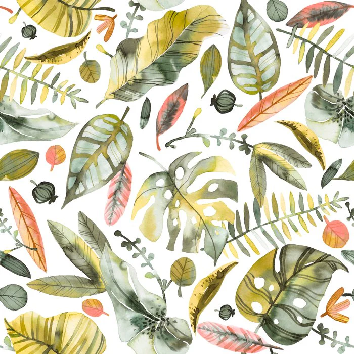 Tropical Jungle Botanical Watercolor Leaves Green Orange