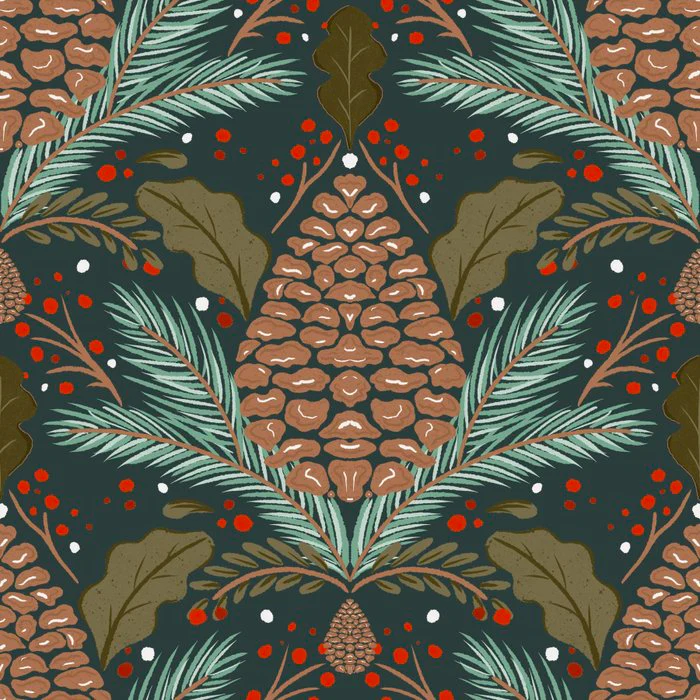 Green cabincore pinecone damask