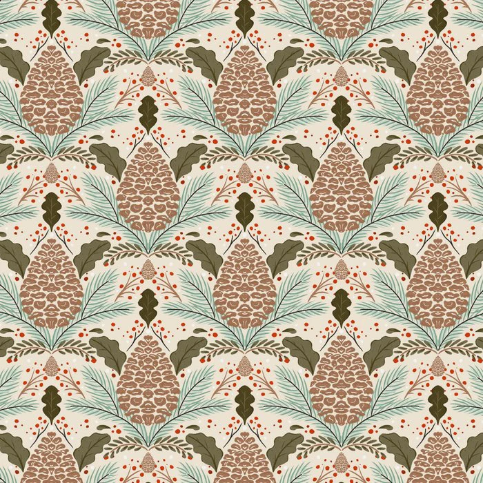 Cream cabincore pinecone damask