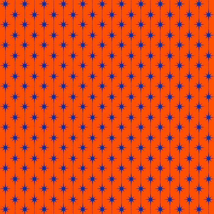 Mid Century Modern Atomic Stars and Dots Pattern in Bright Orange and Blue