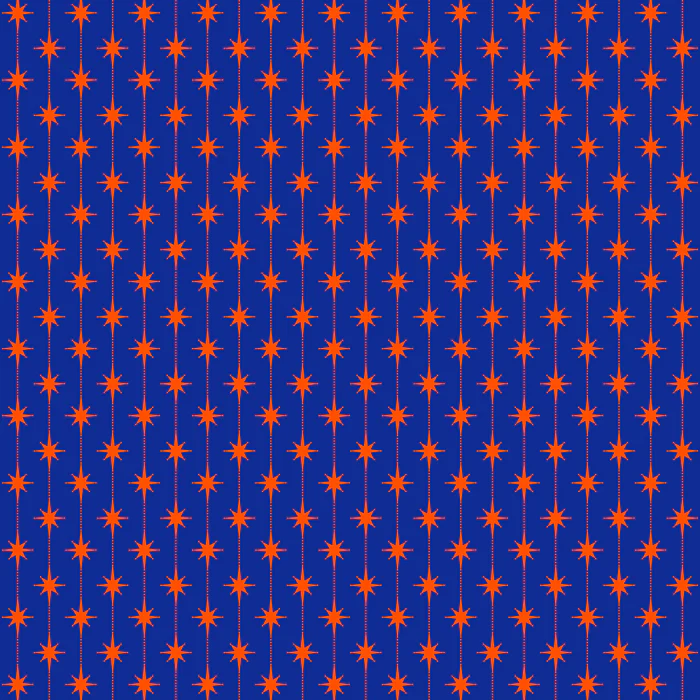 Mid Century Modern Atomic Stars and Dots Pattern in Bright Blue and Orange