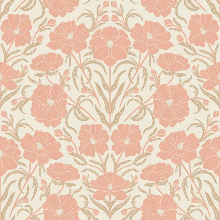 Retro boho flowers - Peach peonies on neutral  - pastel floral block print