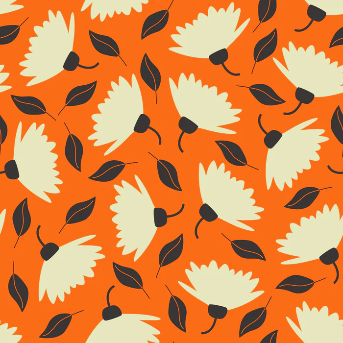 Retro leaves white flowers blossoms bold orange pattern