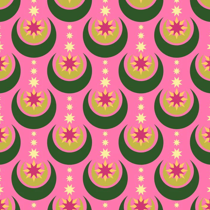 Art Deco moons and stars - pink and green