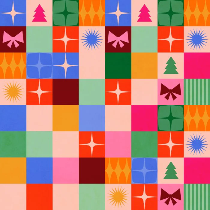 mid century check pattern with festive Christmas icons