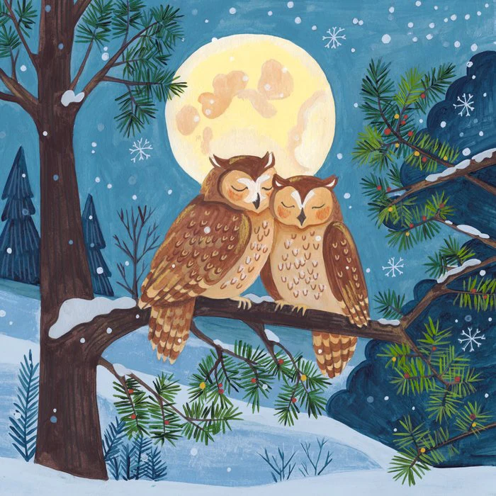 Winter Love Owls by Moonlight