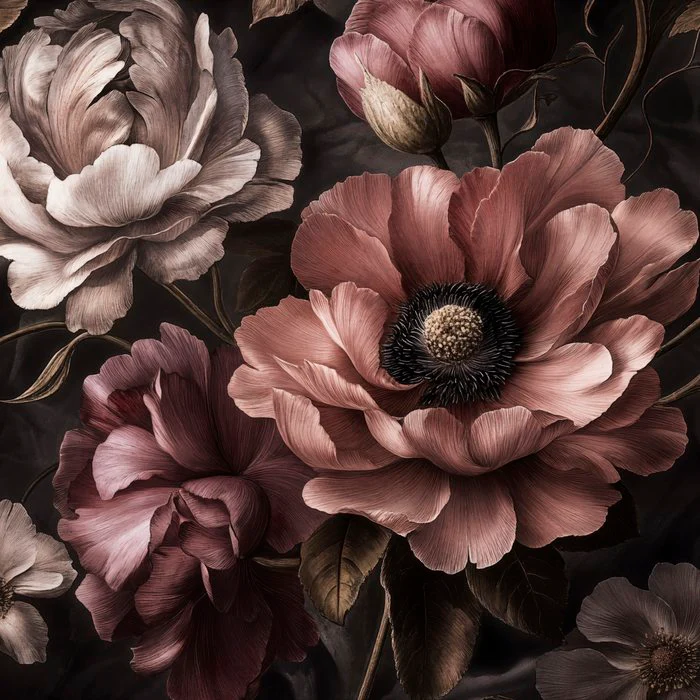Moody Midnight Victorian Flowers Ivory Blush Peach