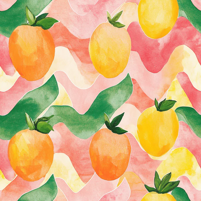 Large Orange Yellow Fruit Pink Watercolor Painted All Over