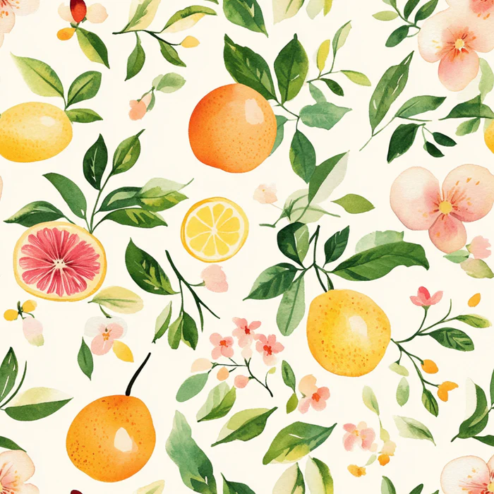Citrus Fruit Branches Oranges Pink Grapefruit Watercolor All Over