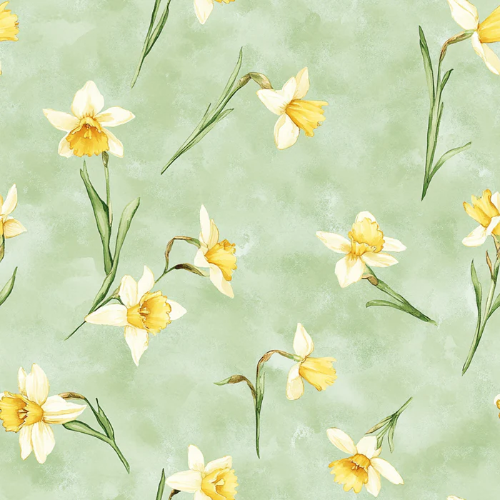 Watercolor Daffodils on Pastel Sage Green Spring All Over
