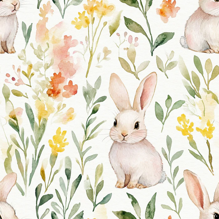 Watercolor Easter Spring Bunnies Leaves All Over