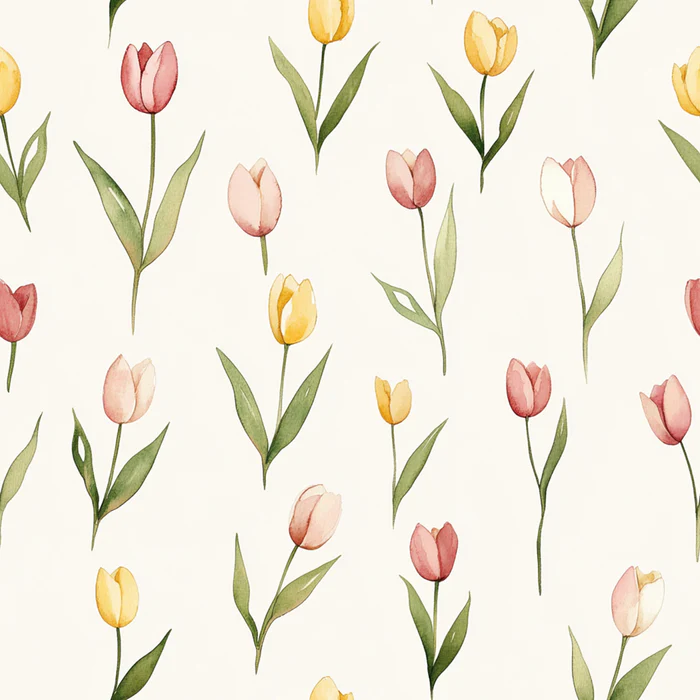 Painted Watercolor Spring Tulips Yellow Pink All Over