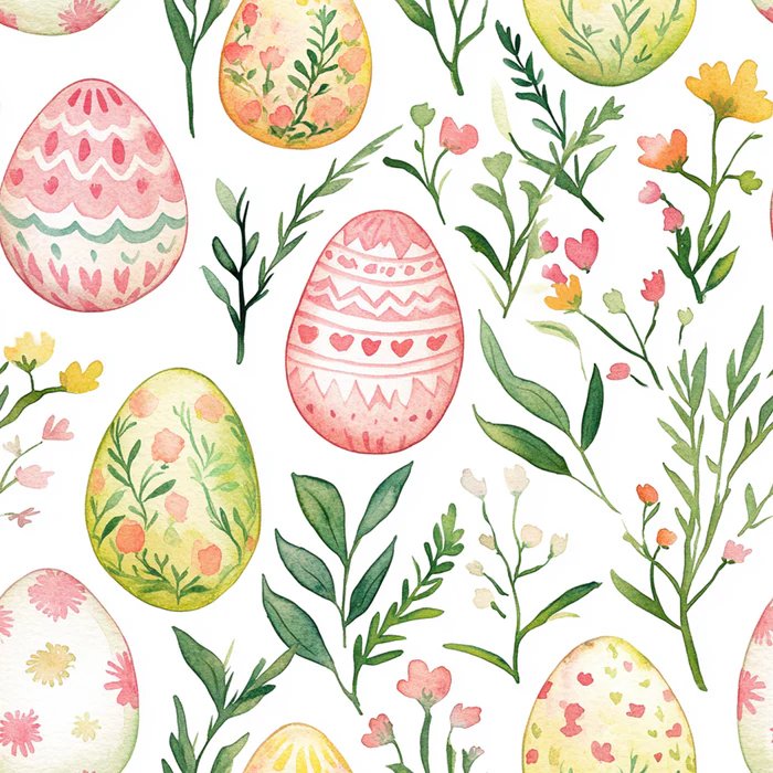 Watercolor Painted Easter Eggs Leaves Spring Pastel All Over