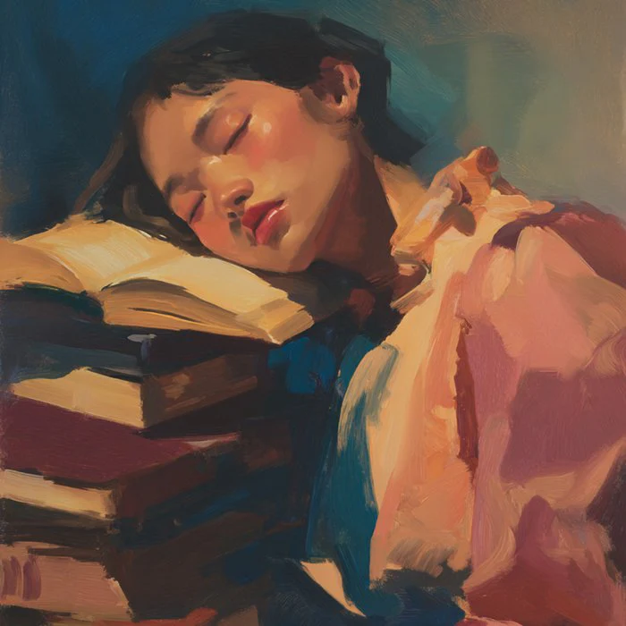 Girl Sleeping on Books - Dreamy Vibes
