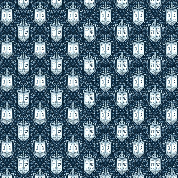 Dark Blue Hanukkah Dreidels with Flowers