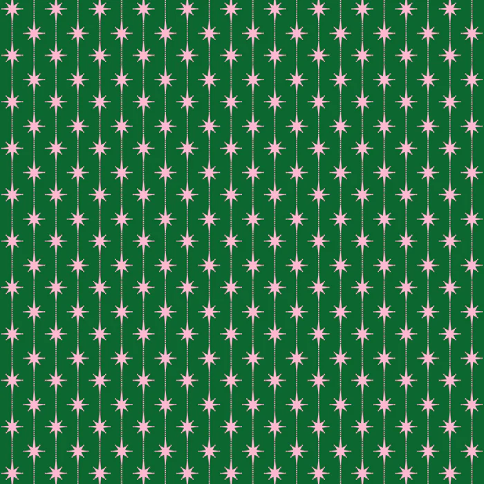 Mid Century Modern Atomic Stars and Dots Pattern in Forest Green and Pink