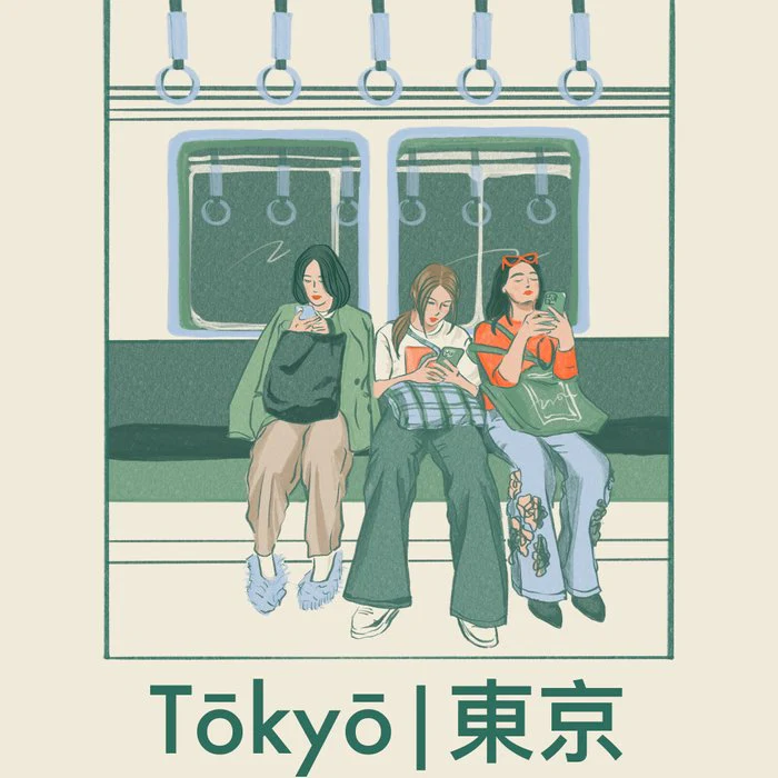 Tokyo Metro Ladies, Modern Japanese Illustration, Aesthetic Tokyo Poster, Minimalist Commuter Scene
