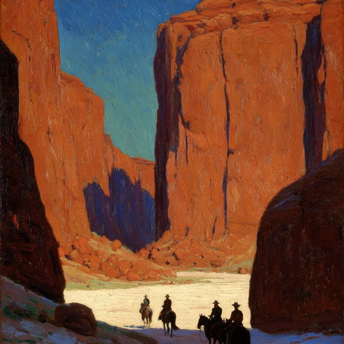 Cowboys Riding Through Canyon - Western Desert Landscape