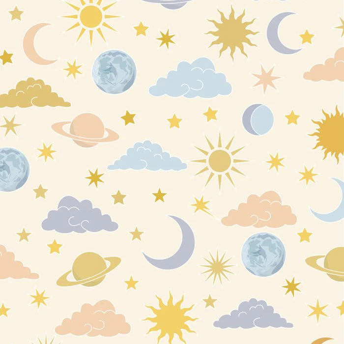 pastel sky , stars, moon, sun and clouds