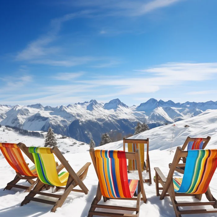 Vibrant Deck Chairs Overlooking Snowy Alpine Peaks
