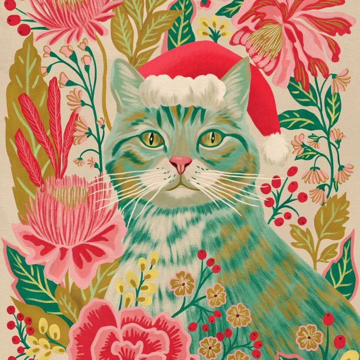 Vintage Holiday Botanical Cat