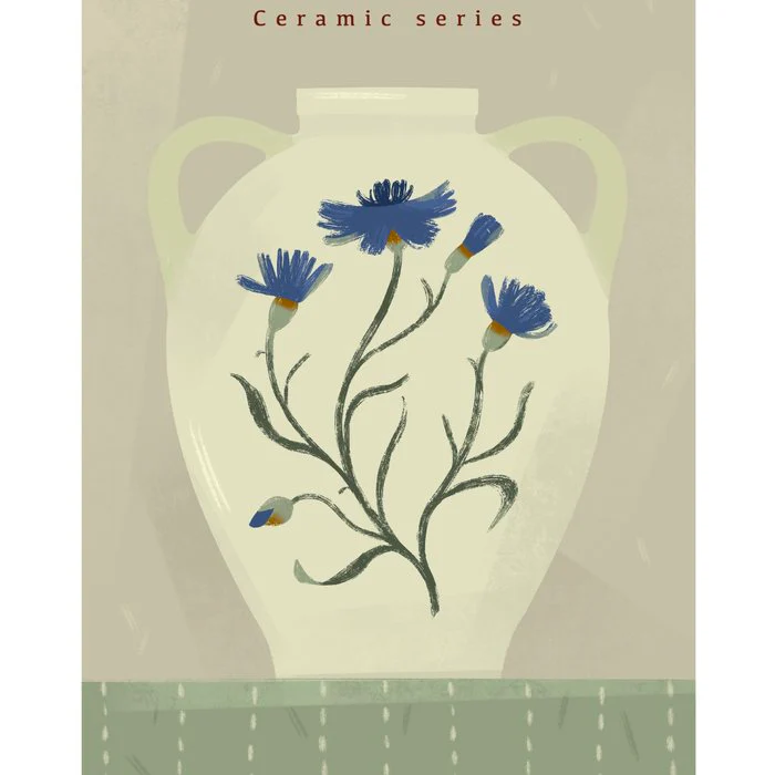 white Vase with floral ornament cornflowers