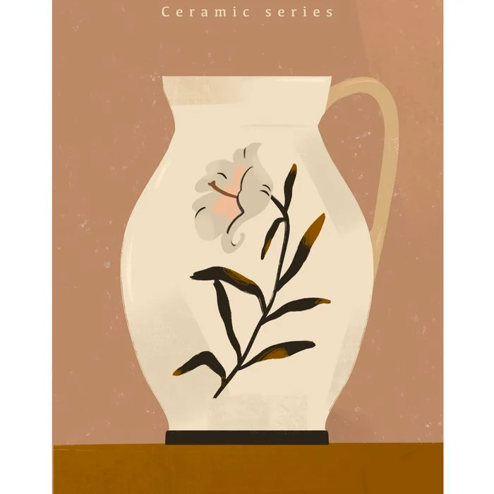 white jug with floral ornament on orange background