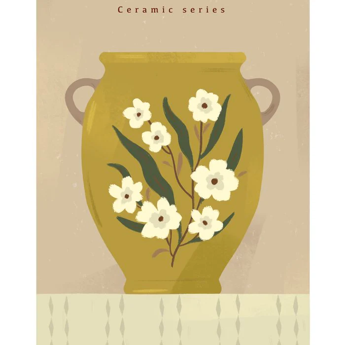 yellow ceramic jug with floral ornament on peach background