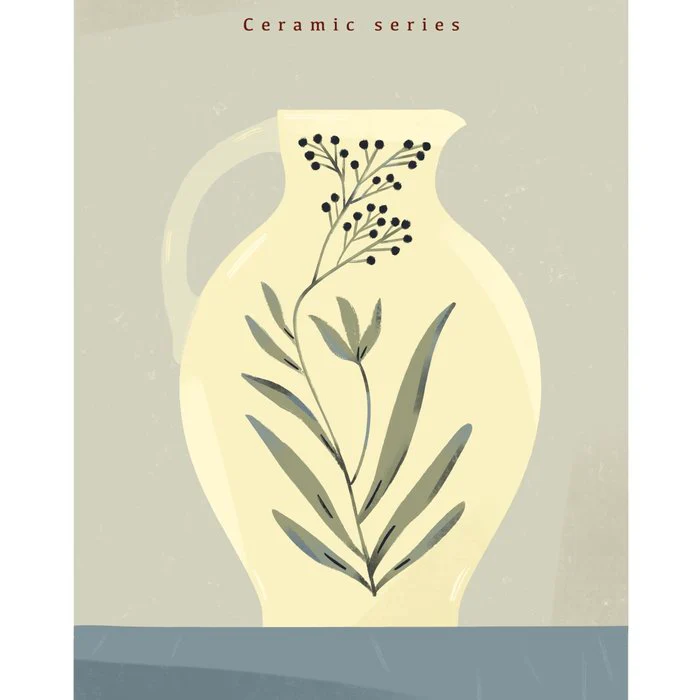 white ceramic jug with floral ornament on blue background