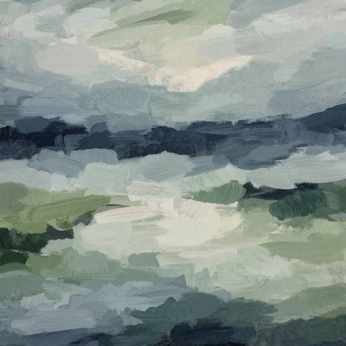 Abstract Nature Water Landscape Horizon Painting in Dark Blue and Sage Green