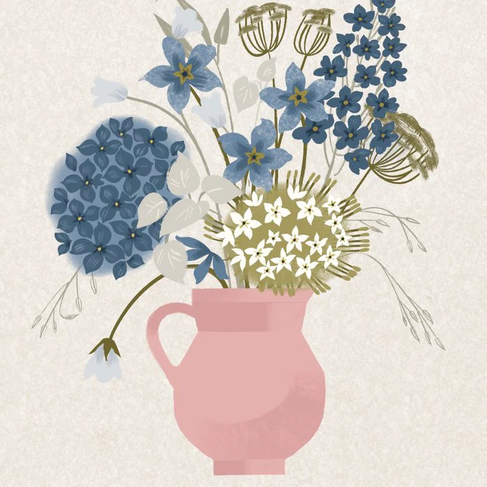 Bouquet of blue flowers in a pink vase