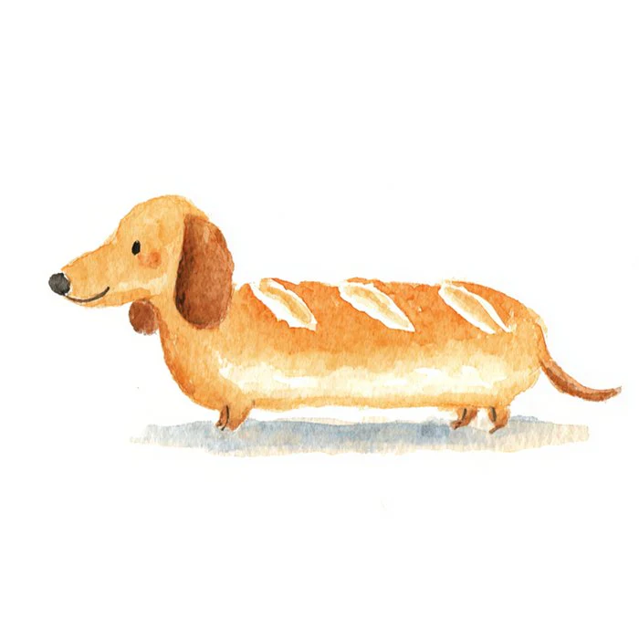 Dachshund Baguette - Cute Watercolor Dog and Food