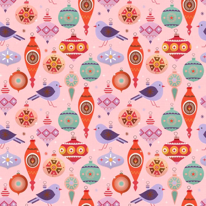 Retro ChristmasGlass Ornaments and Birds Pattern