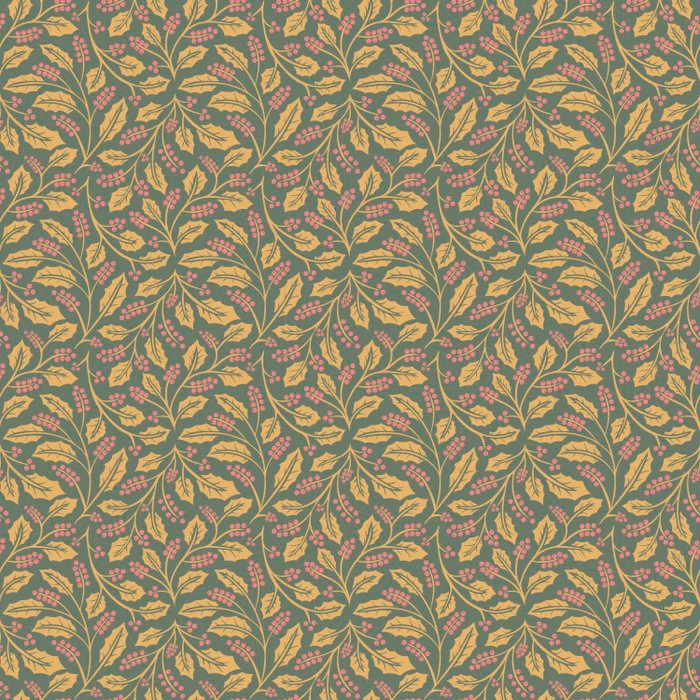 Holly Leaves And Berries - Pink And Yellow Ochre On Sage Green