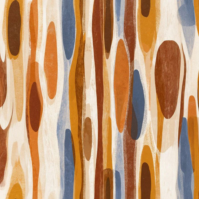 Mid Century Abstract Pattern - Terracotta, Blue and Beige Organic Shapes