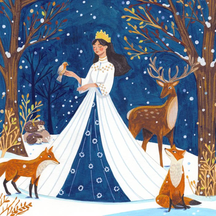 Winter queen with animals in the forest in the snow