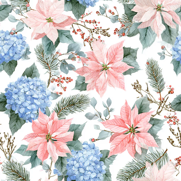 Pink Poinsettias and Blue Hydrangeas Flowers All Over Watercolor
