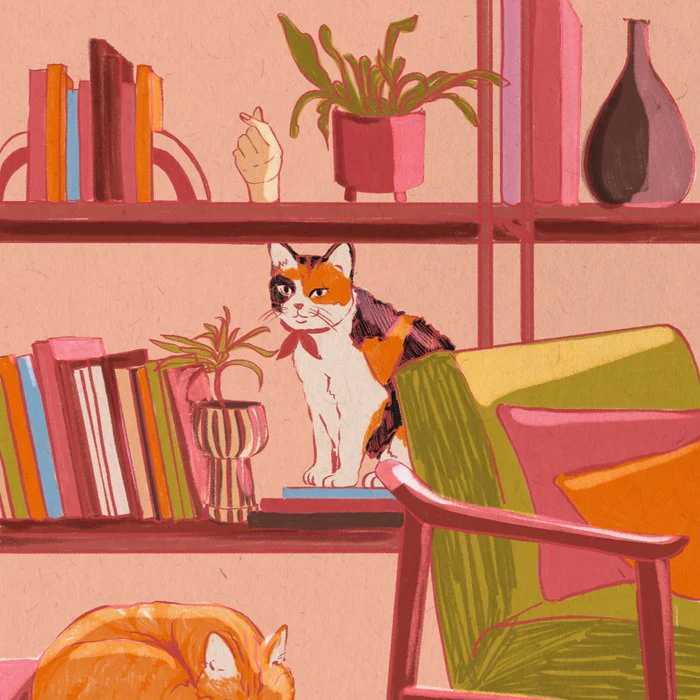 Home Is Where The Cats Are, Bookshelf Cats, Cozy Mid-Century Modern Interior Illustration