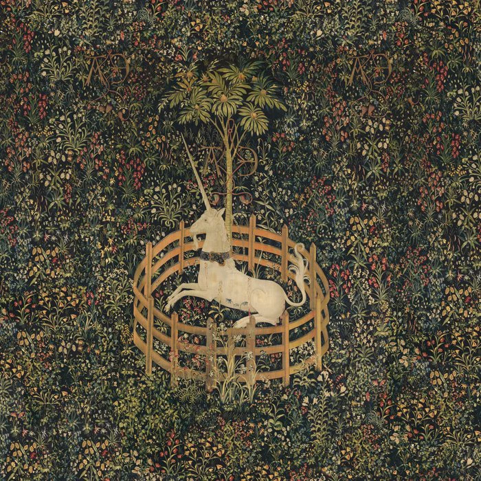 The Unicorn in Captivity Medieval Unicorn Midnight Floral Garden