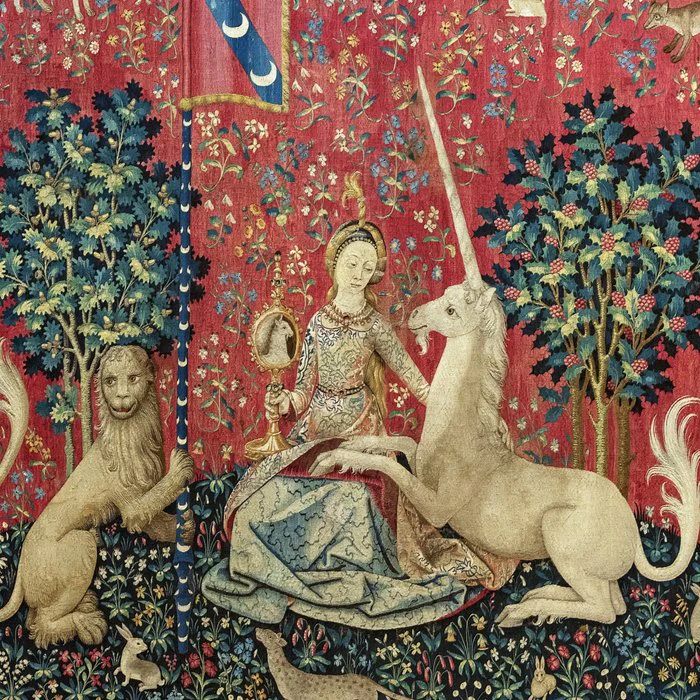 Medieval Unicorn Midnight Floral Garden - Red